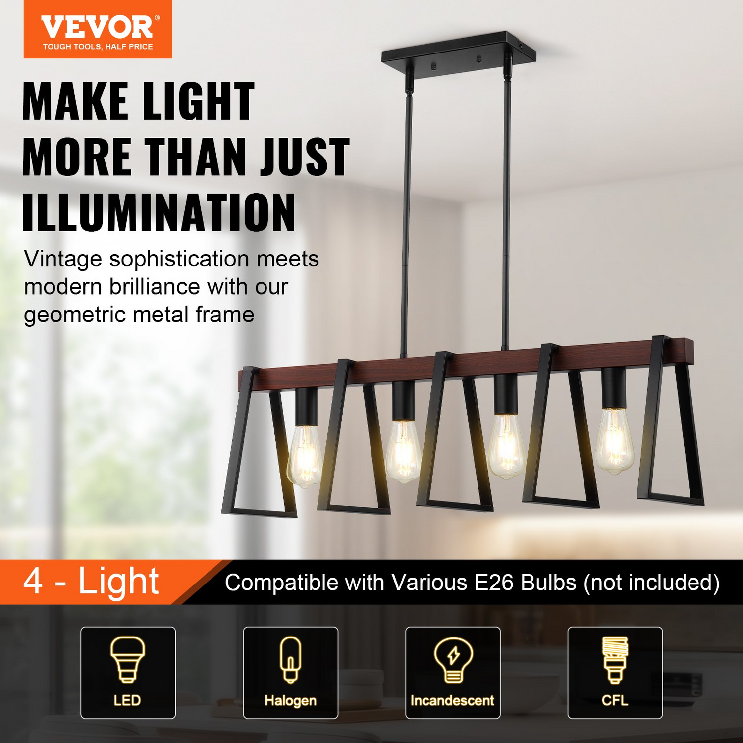 Start2Finish VEVOR 4-light kitchen island pendant lights with adjustable rods, industrial metal frame, ideal for dining room lighting.