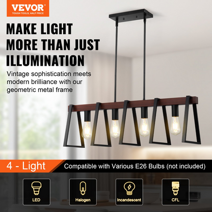 Start2Finish VEVOR 4-light kitchen island pendant lights with adjustable rods, industrial metal frame, ideal for dining room lighting.