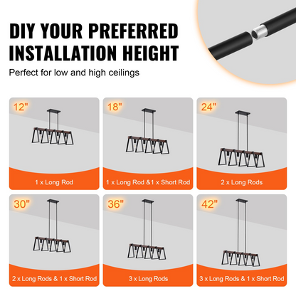 Start2Finish VEVOR 4-light industrial kitchen island pendant lights with metal frame and adjustable rods for farmhouse dining room lighting.
