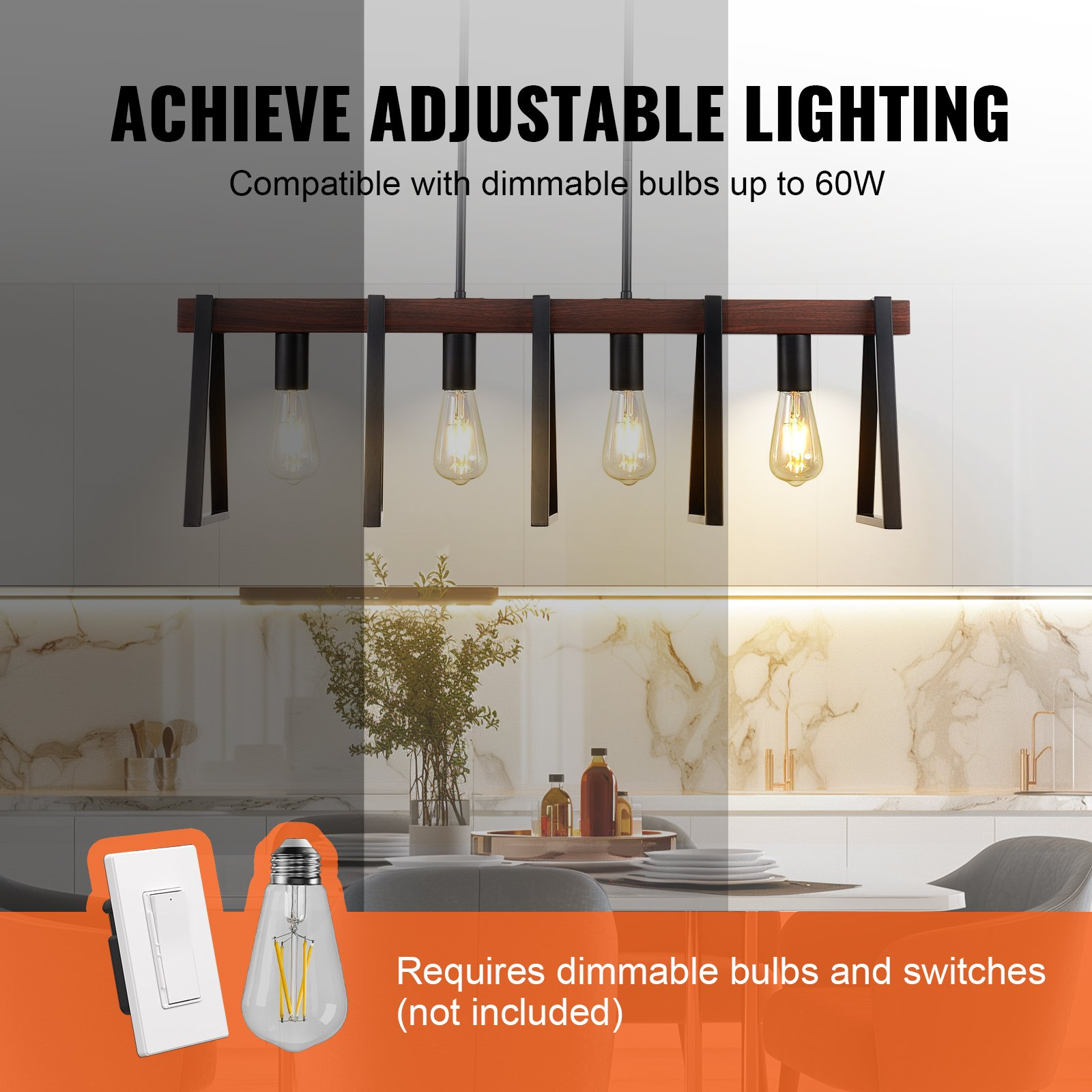 Start2Finish VEVOR 4-light kitchen island pendant lights with industrial metal frame and adjustable rods for dining room illumination.