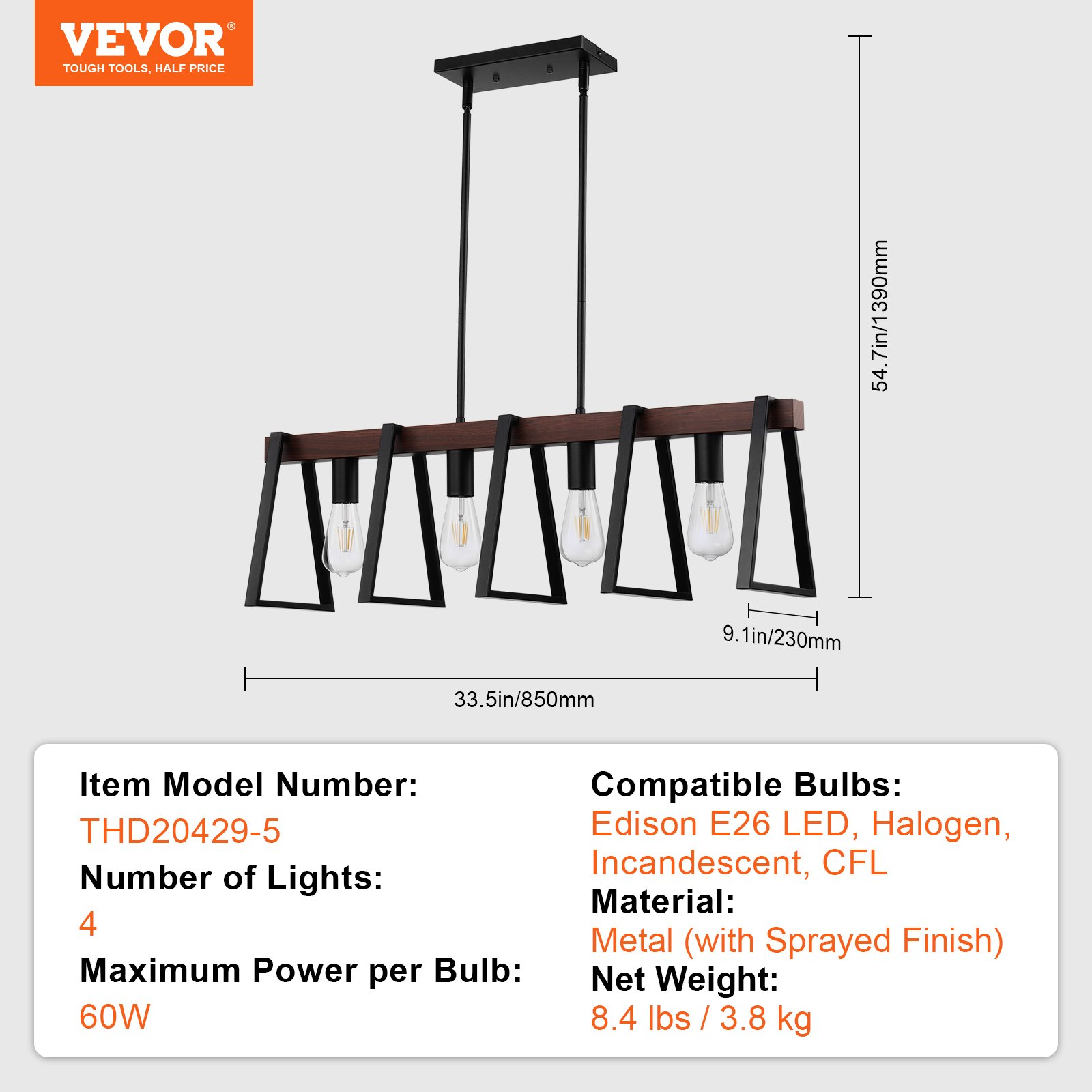 Start2Finish VEVOR 4-Light Kitchen Island Pendant Lights with adjustable rods, industrial metal frame, ideal for dining room lighting.