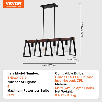 Start2Finish VEVOR 4-Light Kitchen Island Pendant Lights with adjustable rods, industrial metal frame, ideal for dining room lighting.
