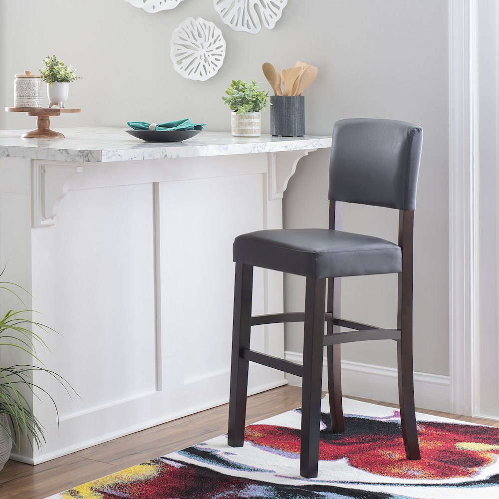 Start2Finish Monaco Bar Stool in espresso finish with a sleek wooden design, showcasing a comfortable seat and modern furniture style.