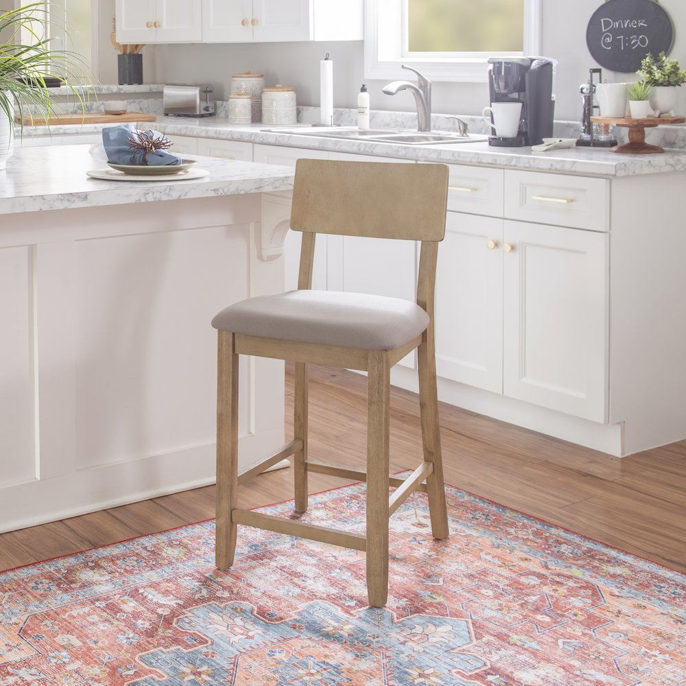 Gray wash Jordan 24-inch counter stool by Start2Finish featuring a wooden frame and padded seat for comfortable seating.