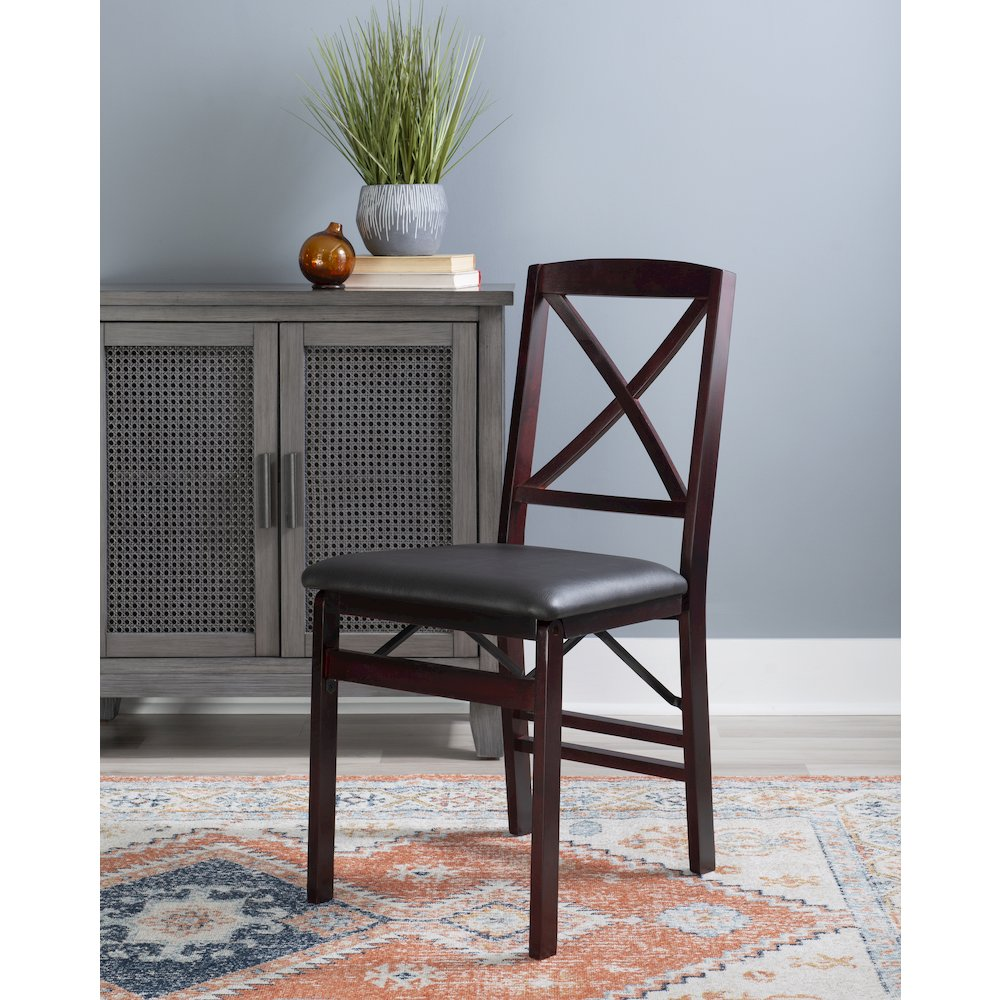 Pair of Triena 18-inch X-back folding chairs by Start2Finish, lightweight wooden furniture with foldable design for versatile seating.