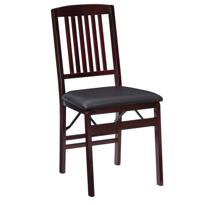 Pair of Triena 18-inch mission back folding chairs by Start2Finish, featuring wooden frames and foldable design for versatile seating.