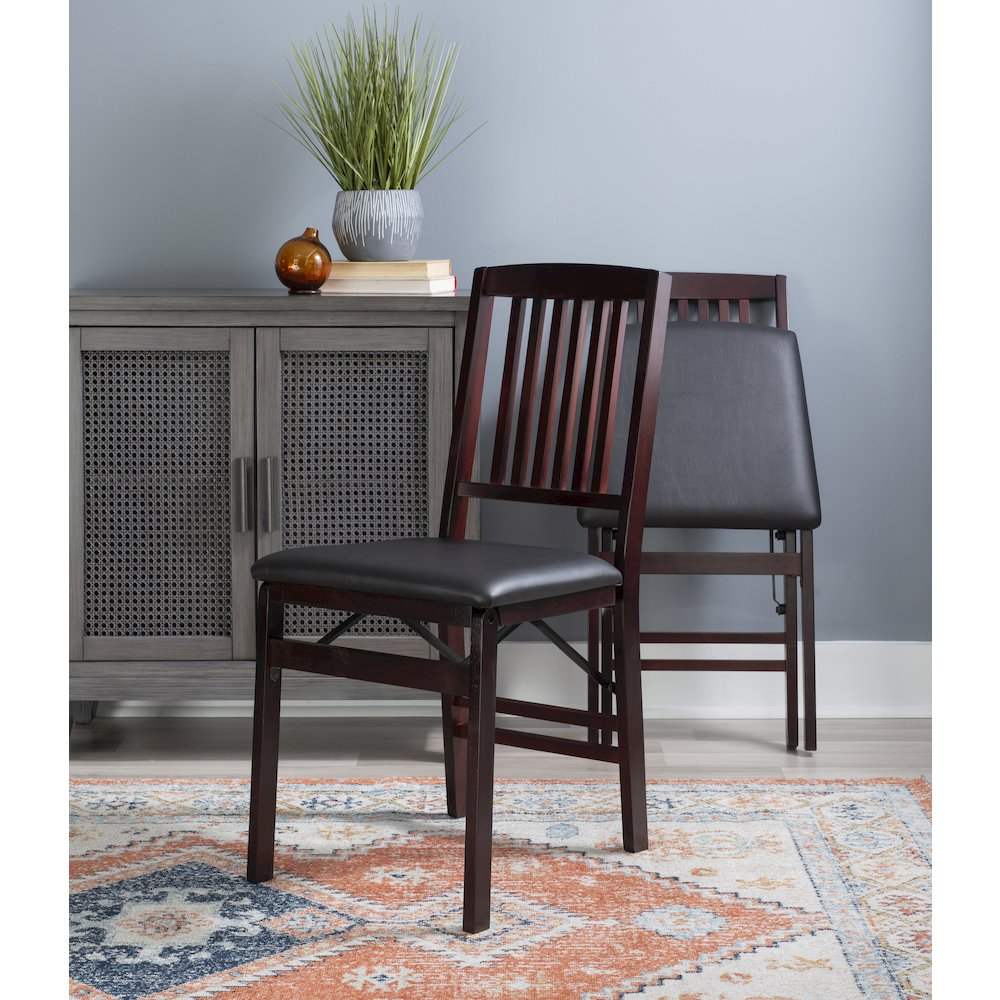 Two Triena 18-inch mission folding chairs by Start2Finish, featuring sturdy wooden frames and padded seats for comfortable seating.