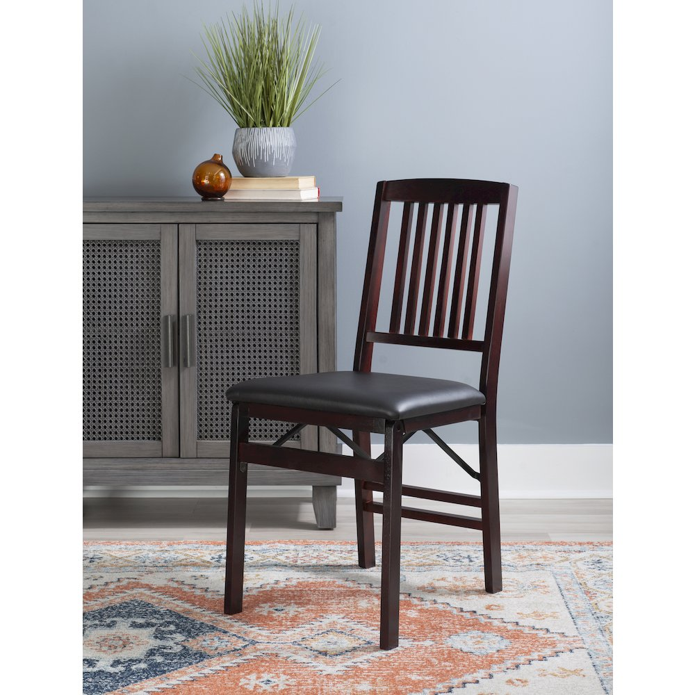 Pair of Triena 18-inch Mission back folding chairs from Start2Finish, showing black metal frames and wooden seats