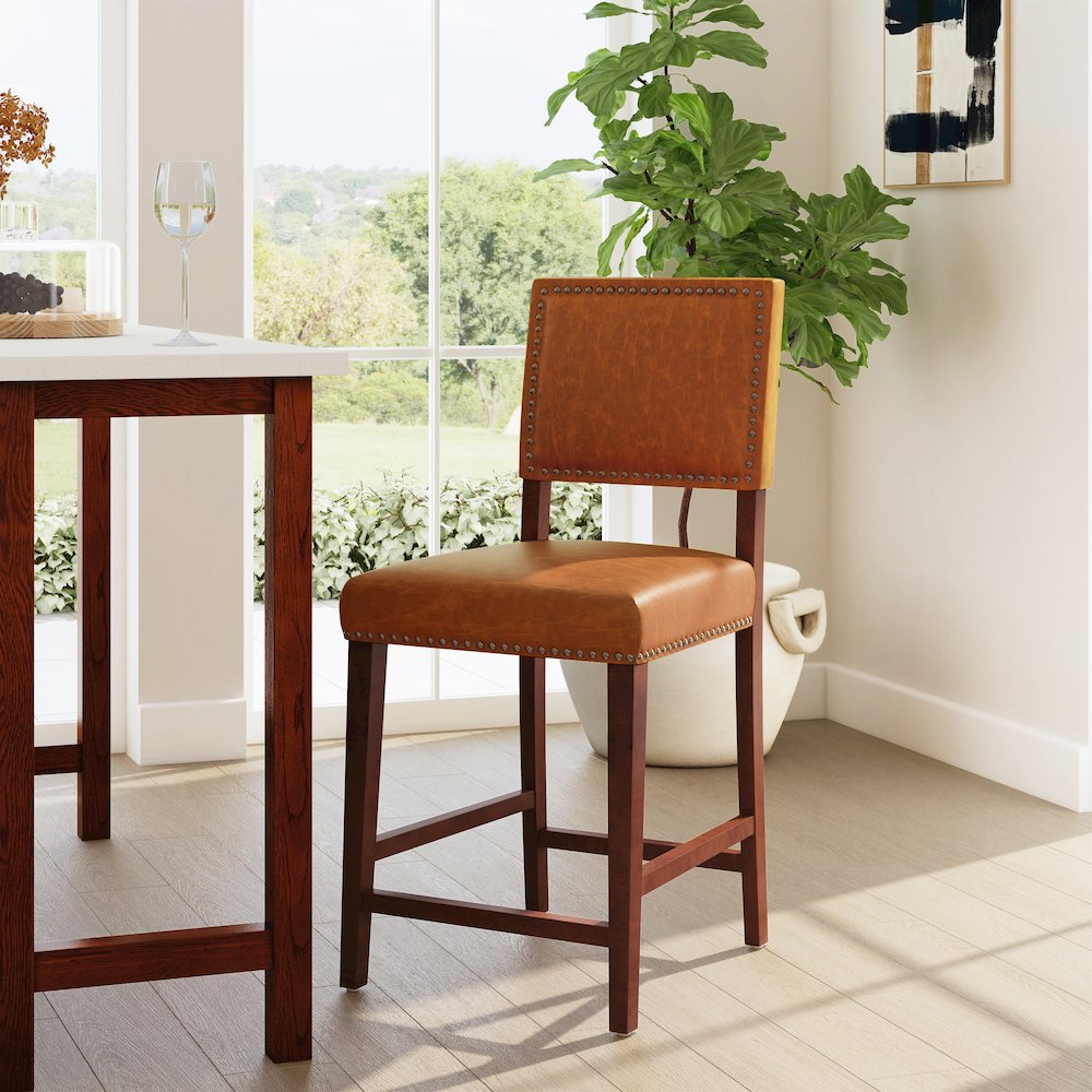 Brook Counter Stool by Start2Finish, 24-inch height, caramel-colored wooden seat with metal legs, suitable for kitchen or bar area.