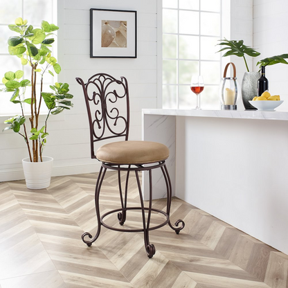 Start2Finish gathered back counter stool, 24-inch height, with wooden seat and metal legs, ideal for kitchen or bar seating.
