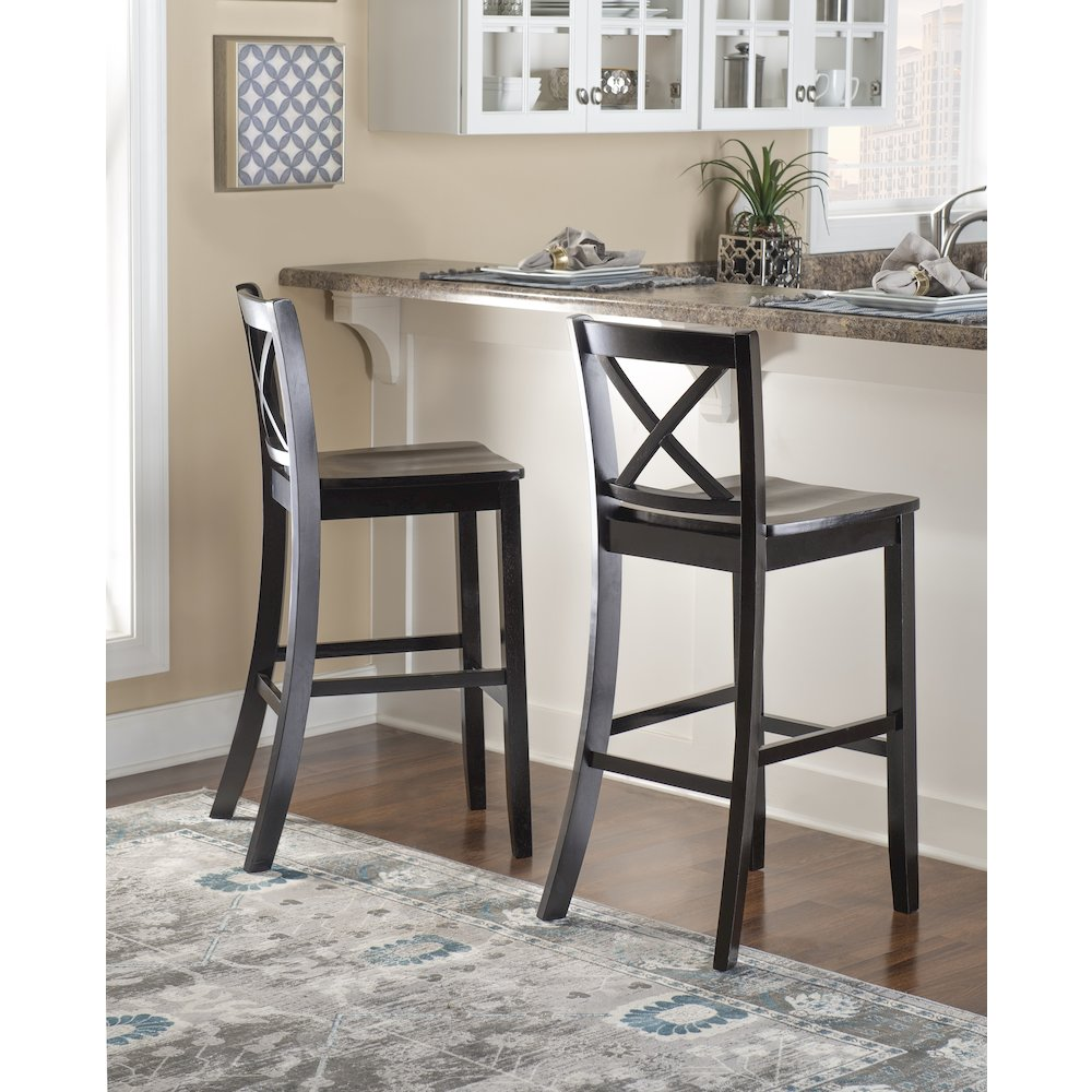 Black 30-inch X-back bar stool from Start2Finish, featuring a sturdy wooden frame and sleek design for modern bar areas.