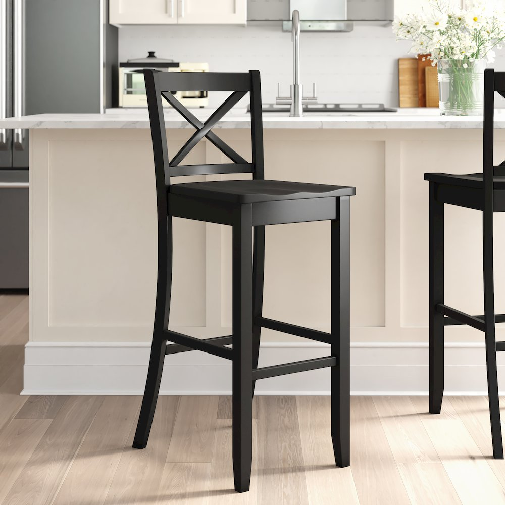 Black 30-inch X back bar stool from Start2Finish, featuring a sleek metal frame and cushioned seat for bar seating.