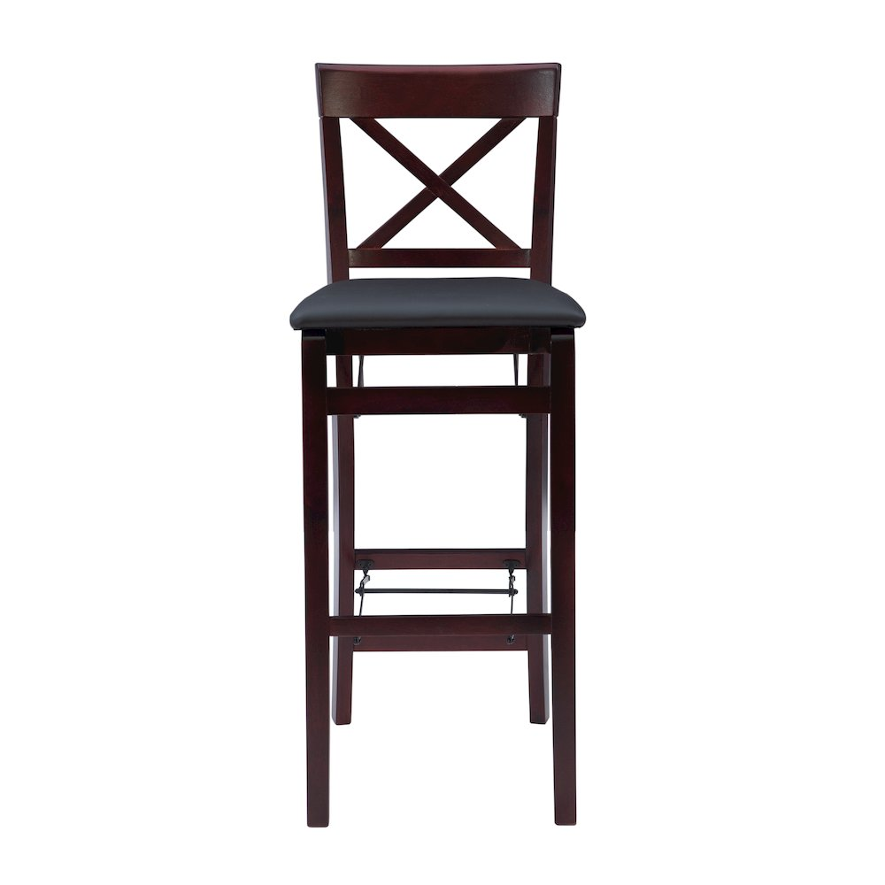 Start2Finish Triena 30-inch X-back folding bar stool with wooden seat and metal frame, designed for versatile seating.