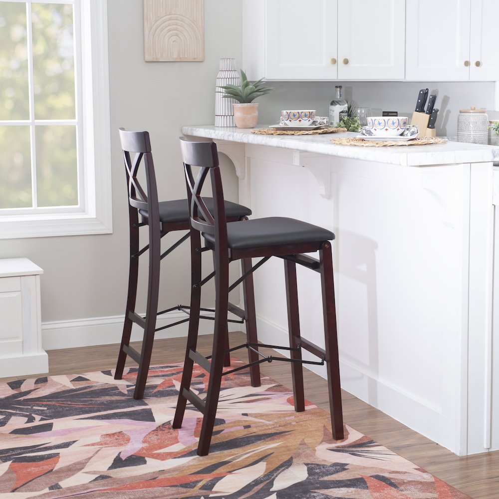 Start2Finish Triena 30-inch backless folding bar stool with X-shaped backrest, black metal frame and wooden seat.