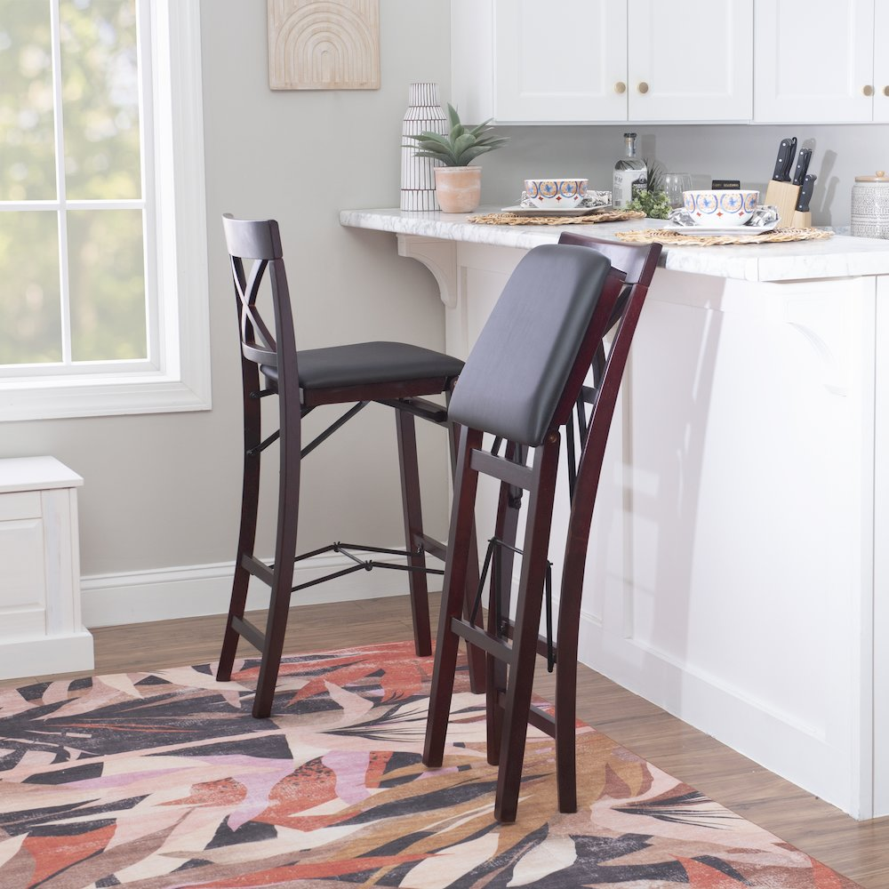 Start2Finish Triena 30-inch X-back folding bar stool with wooden seat and metal frame, ideal for kitchen or bar areas.