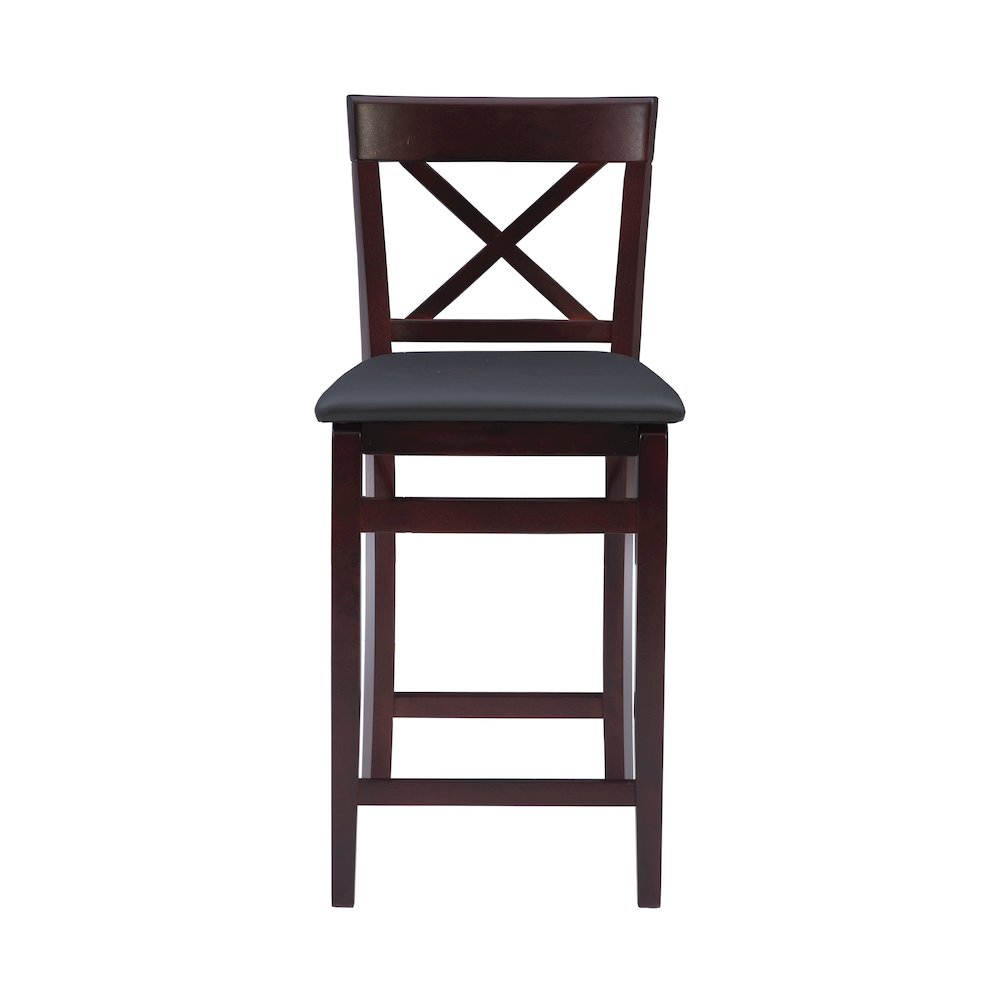 Start2Finish Triena 24-inch X-back folding counter stool with wooden seat and metal frame, shown folded and upright.