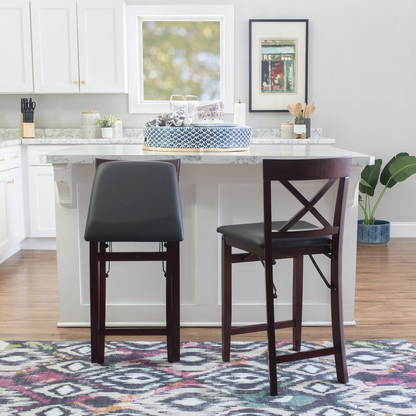 Start2Finish Triena 24-inch back folding counter stool with X-shaped backrest, wooden seat, and metal frame.