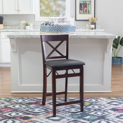 Start2Finish Triena 24-inch backless folding counter stool with X-shaped support and wooden seat.