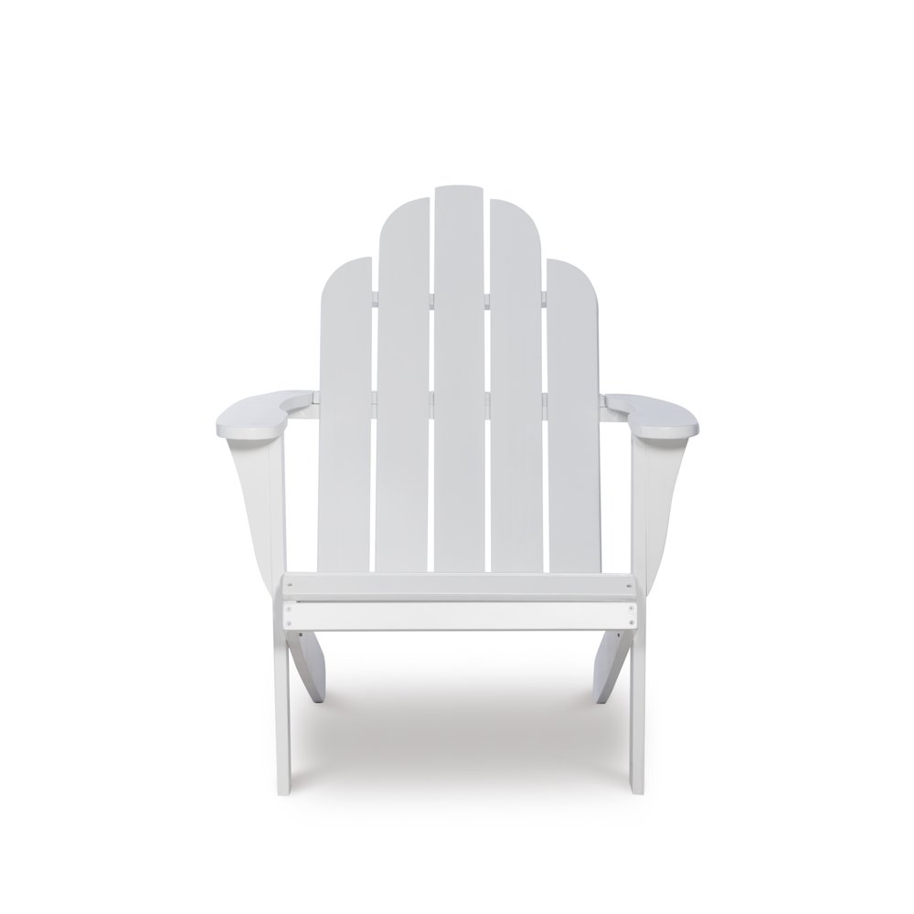 White Adirondack Chair by Start2Finish with wide armrests and slatted backrest, suitable for outdoor patio or garden seating.