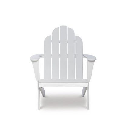 White Adirondack Chair by Start2Finish with wide armrests and slatted backrest, suitable for outdoor patio or garden seating.