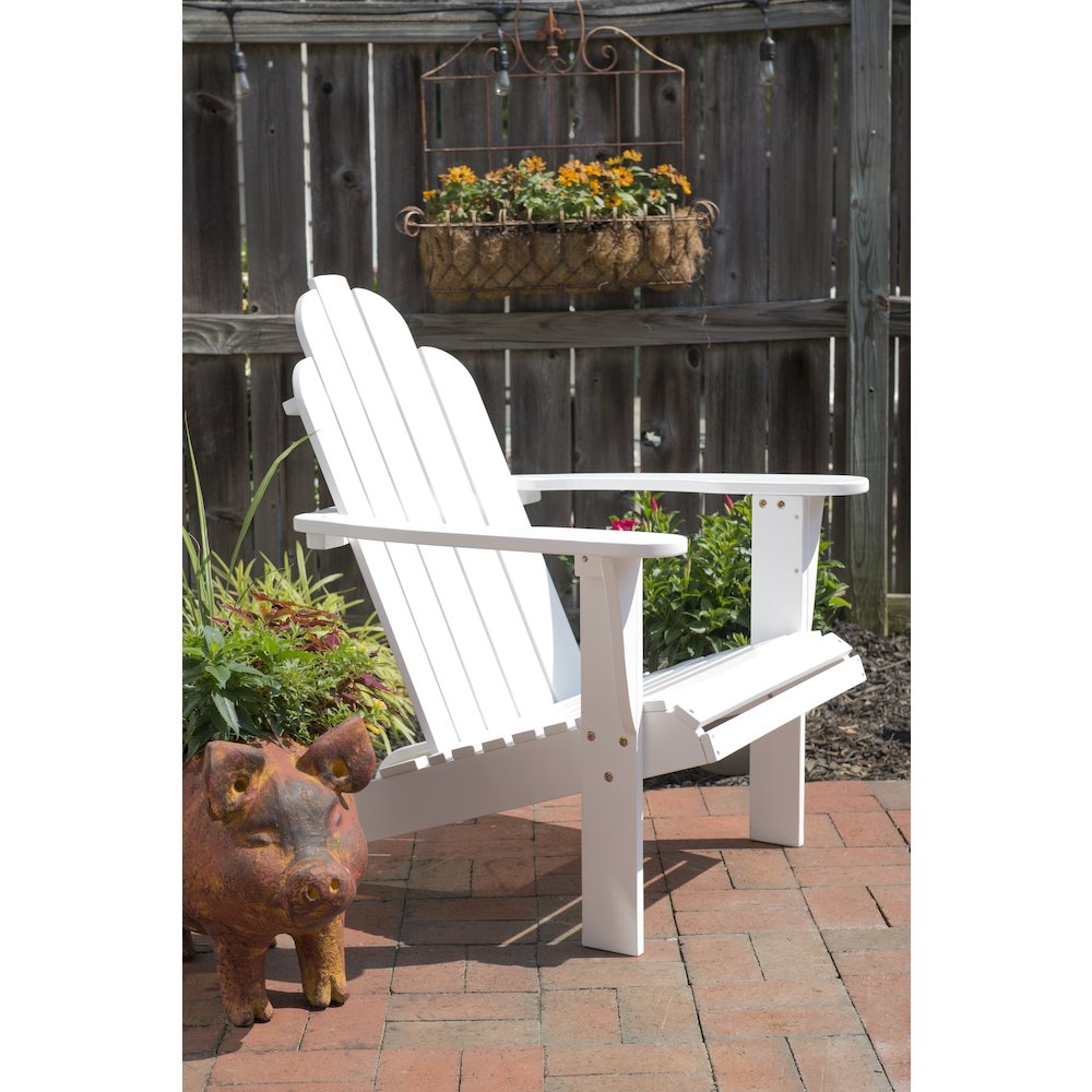 White Adirondack chair by Start2Finish with wide armrests and slatted backrest, ideal for outdoor patio seating