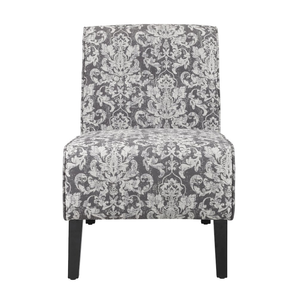 Gray damask upholstered Coco Accent Chair by Start2Finish, featuring elegant fabric and a stylish, modern furniture design.