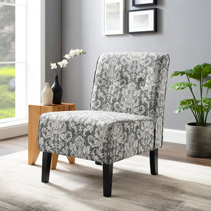 Gray damask Coco Accent Chair by Start2Finish featuring a stylish upholstered armchair with patterned fabric and wooden legs.