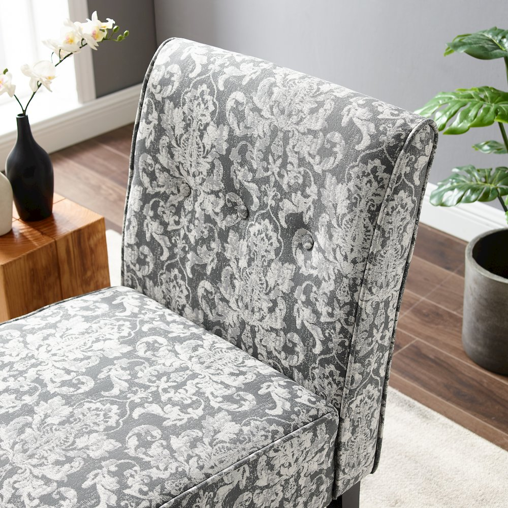 Gray damask Coco Accent Chair by Start2Finish with tufted upholstery and curved wooden legs in a modern furniture style.