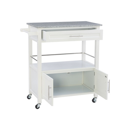 Start2Finish Cameron White Kitchen Cart with granite top, featuring storage shelves and wheels for easy mobility.