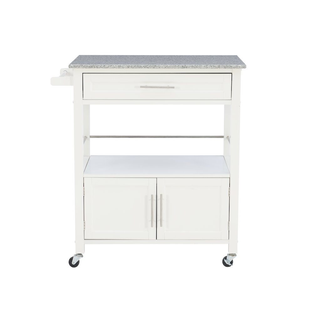 Start2Finish Cameron White kitchen cart with granite top, featuring storage shelves and wheels for easy mobility.