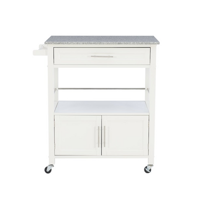 Start2Finish Cameron White kitchen cart with granite top, featuring storage shelves and wheels for easy mobility.