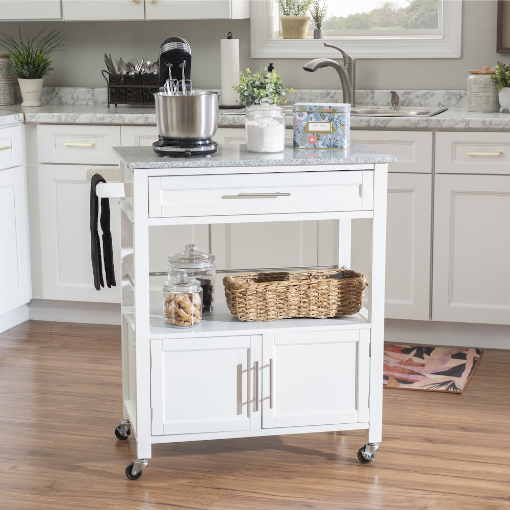 Start2Finish Cameron White kitchen cart with granite top, featuring storage shelves and a sturdy wood frame for versatile kitchen use.