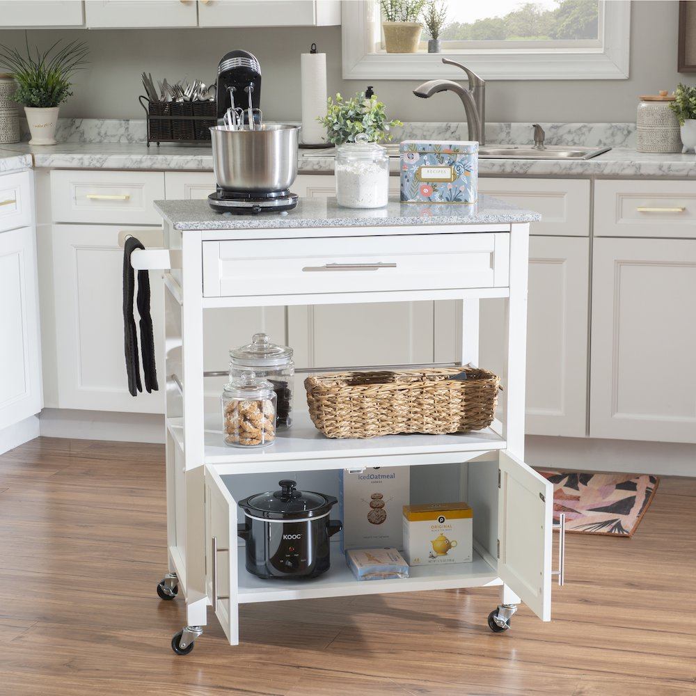 Start2Finish Cameron White kitchen cart with granite top, featuring storage shelves and a sturdy design for versatile kitchen use.