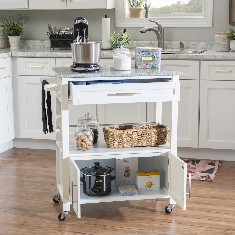 Start2Finish Cameron White Kitchen Cart with granite top, featuring storage shelves and a sturdy design for kitchen organization.