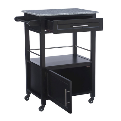Start2Finish Mitchell Black kitchen cart with granite top, featuring storage shelves and a sturdy design for versatile kitchen use.