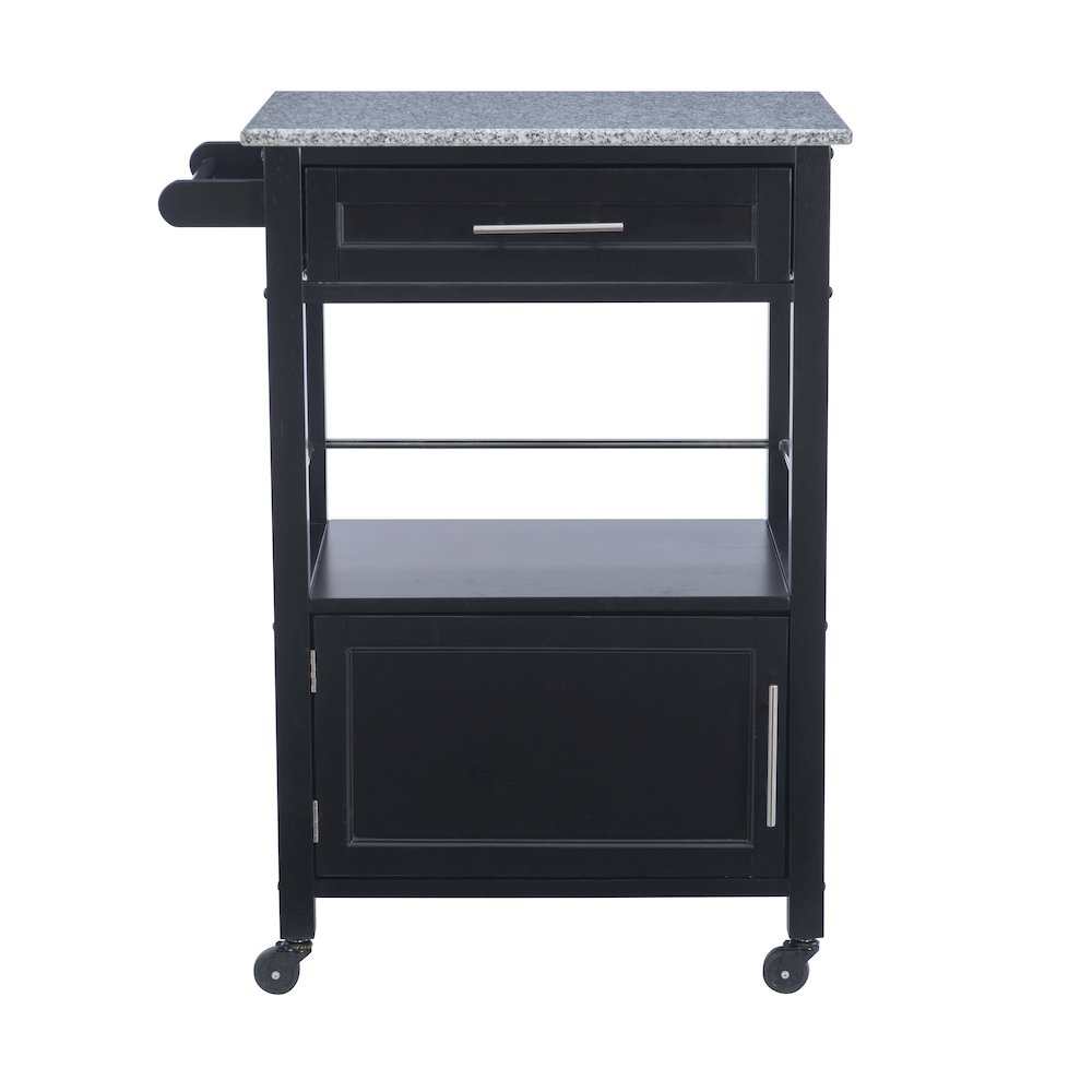 Start2Finish Mitchell Black Kitchen Cart with granite top, featuring storage shelves and a sturdy design for versatile kitchen use.
