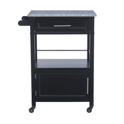 Start2Finish Mitchell Black Kitchen Cart with granite top, featuring storage shelves and a sturdy design for versatile kitchen use.