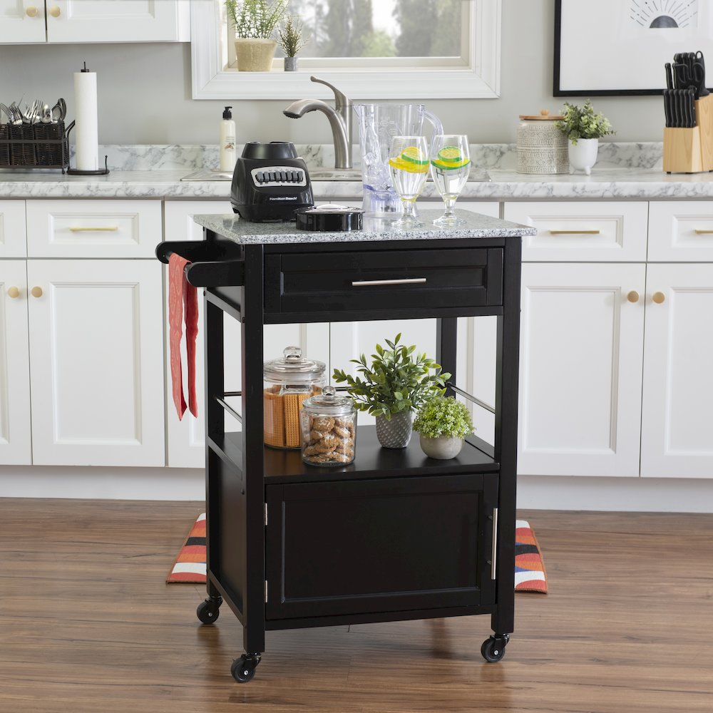 Start2Finish Mitchell Black kitchen cart with granite top, featuring storage shelves and a sturdy design for kitchen organization.