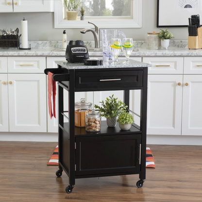 Start2Finish Mitchell Black kitchen cart with granite top, featuring storage shelves and a sturdy design for kitchen organization.