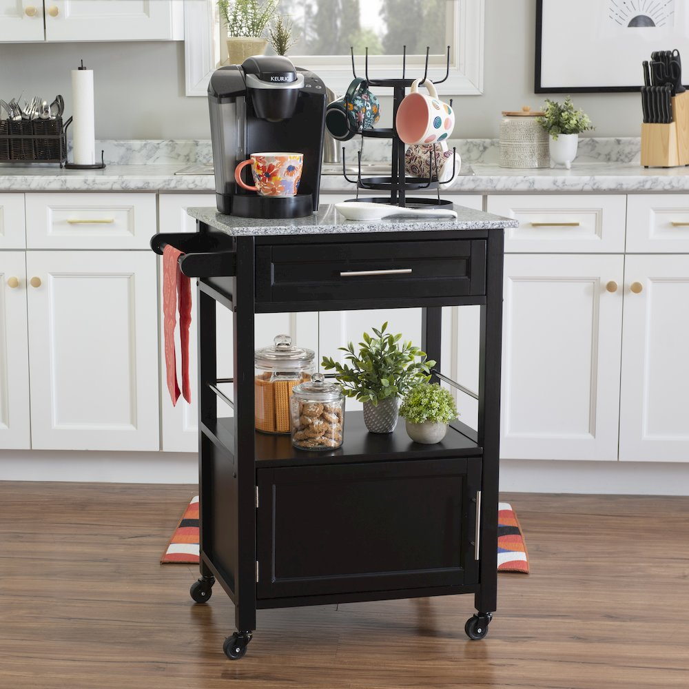 Mitchell Black Kitchen Cart with granite top, sturdy wood frame, and storage shelves, ideal for modern kitchen organization.