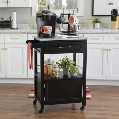 Mitchell Black Kitchen Cart with granite top, sturdy wood frame, and storage shelves, ideal for modern kitchen organization.