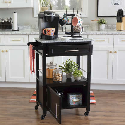 Start2Finish Mitchell Black kitchen cart with durable granite top, ample storage, and modern design for versatile kitchen use.