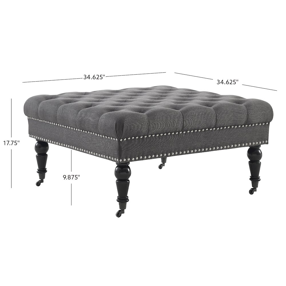 Charcoal square tufted ottoman from Start2Finish, featuring plush fabric and modern furniture style with tufted detailing.
