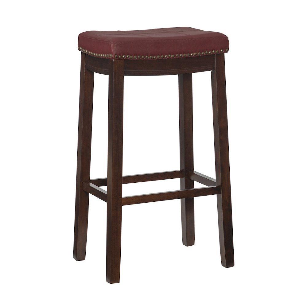 Start2Finish Claridge Red Barstool with cushioned seat and metal frame, shown from side view in a modern furniture setting.