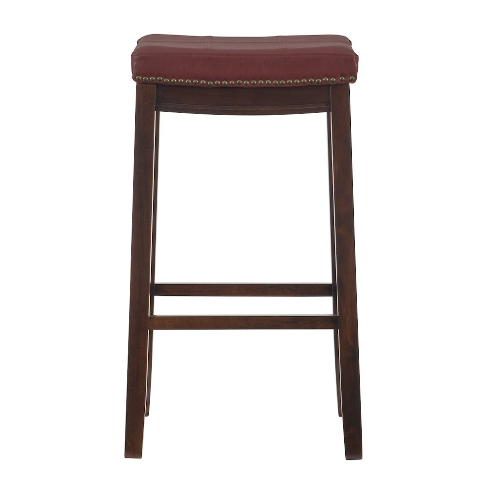 Start2Finish Claridge red barstool with wooden legs and cushioned seat, modern furniture for kitchen or bar area.