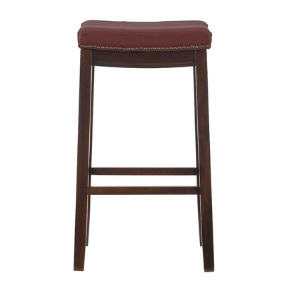 Start2Finish Claridge red barstool with wooden legs and cushioned seat, modern furniture for kitchen or bar area.