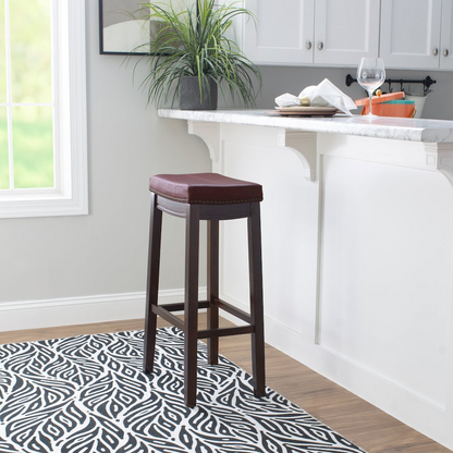 Start2Finish Claridge red barstool with a sleek design, featuring a padded seat and metal base, suitable for modern kitchens or bars.