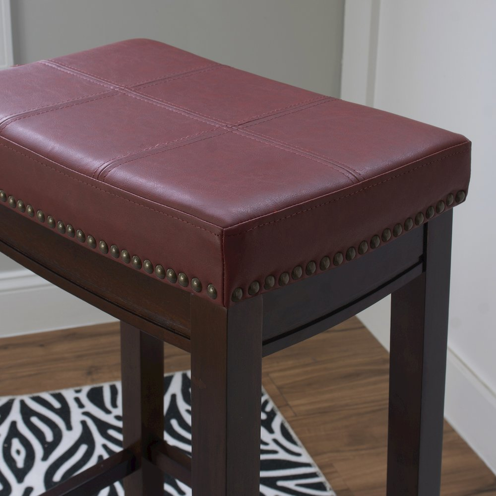 Start2Finish Claridge Red Barstool with wooden legs and cushioned seat, modern furniture piece suitable for kitchens or bars.