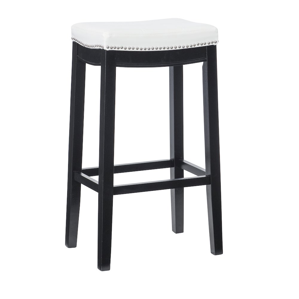 Claridge White PU Barstool by Start2Finish featuring a sleek white leather-like seat and black metal legs for modern seating.