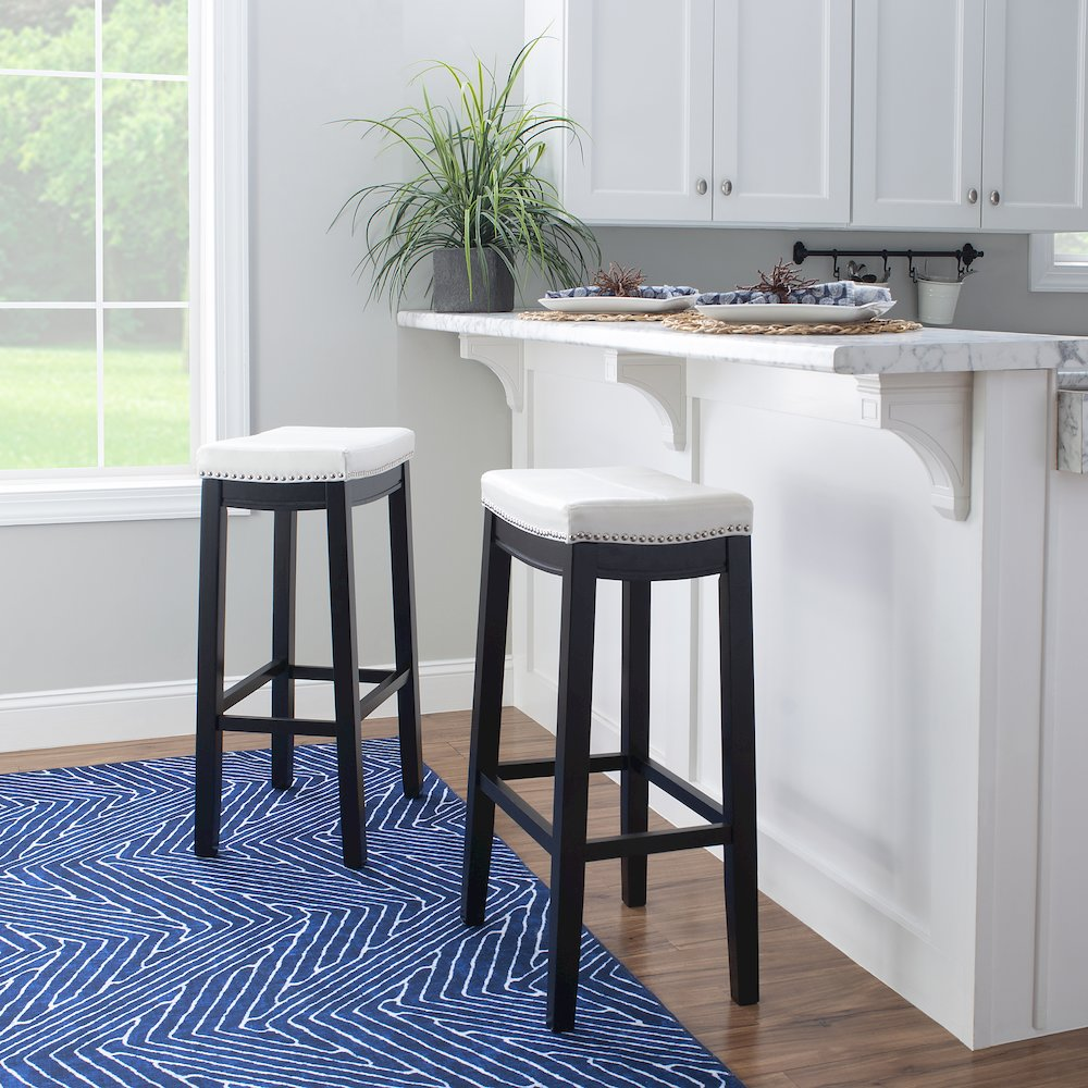 Start2Finish Claridge White PU Barstool with sleek modern design and sturdy metal legs, perfect for kitchen or bar area.
